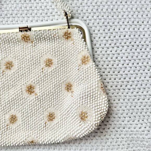 Vintage Corde Bead Bridal Snowflake Winter White Gold Clasp Top Handle Bag - Picture 4 of 13